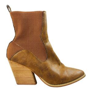 Oasis Society Women's Pointed Toe Stretch Ankle Boots Cognac Brown Leather US 7